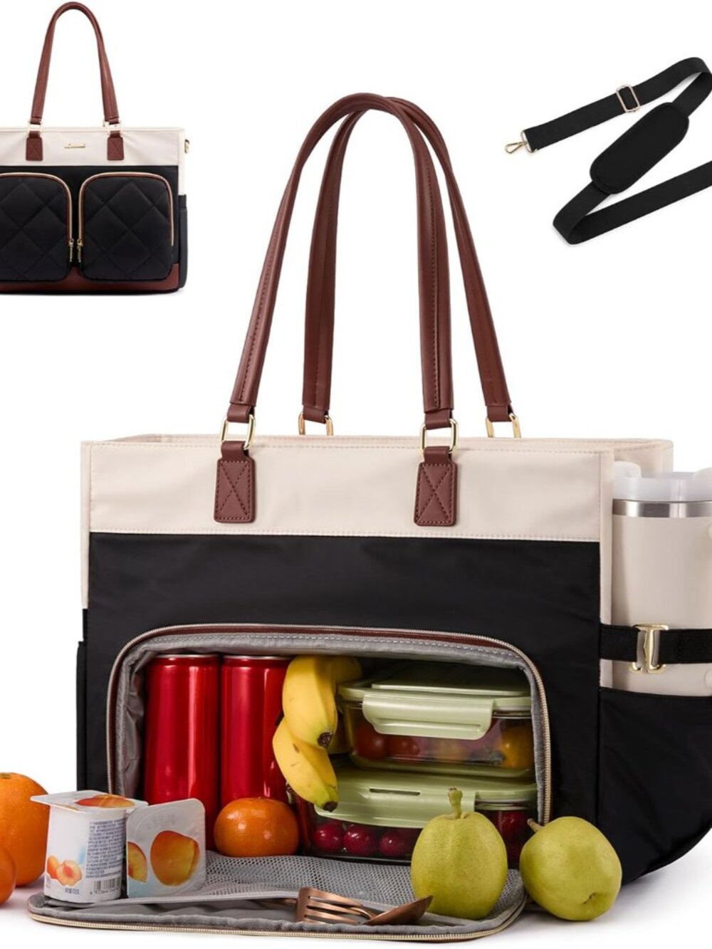 Work Tote Bag with Lunch Compartment & Cup Holder, 15.6" Laptop Lunch Bag Combo